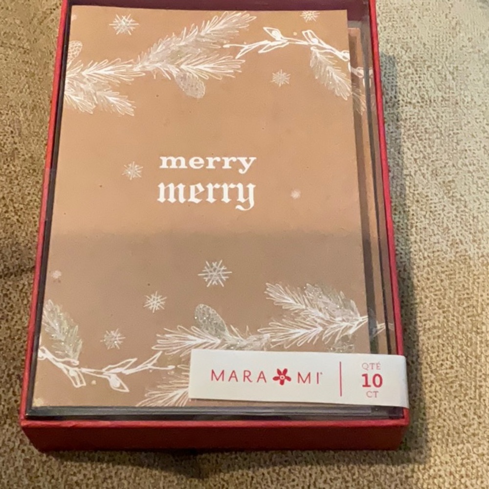 Mara Mi MERRY MERRY Christmas Cards Glitter Printed Envelopes, NEW, 10 Cards